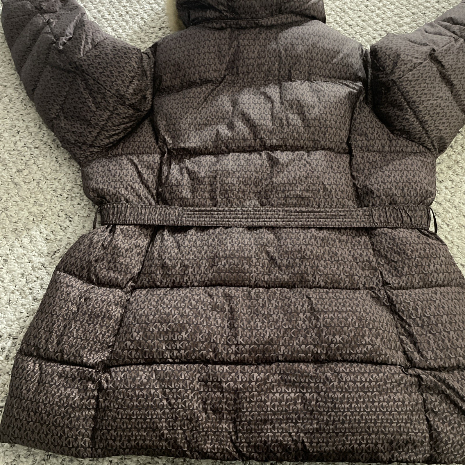 Michael Kors Faux Fur Trim Quilted Belted Puffer Jacket Chocolate Brown XXL $375