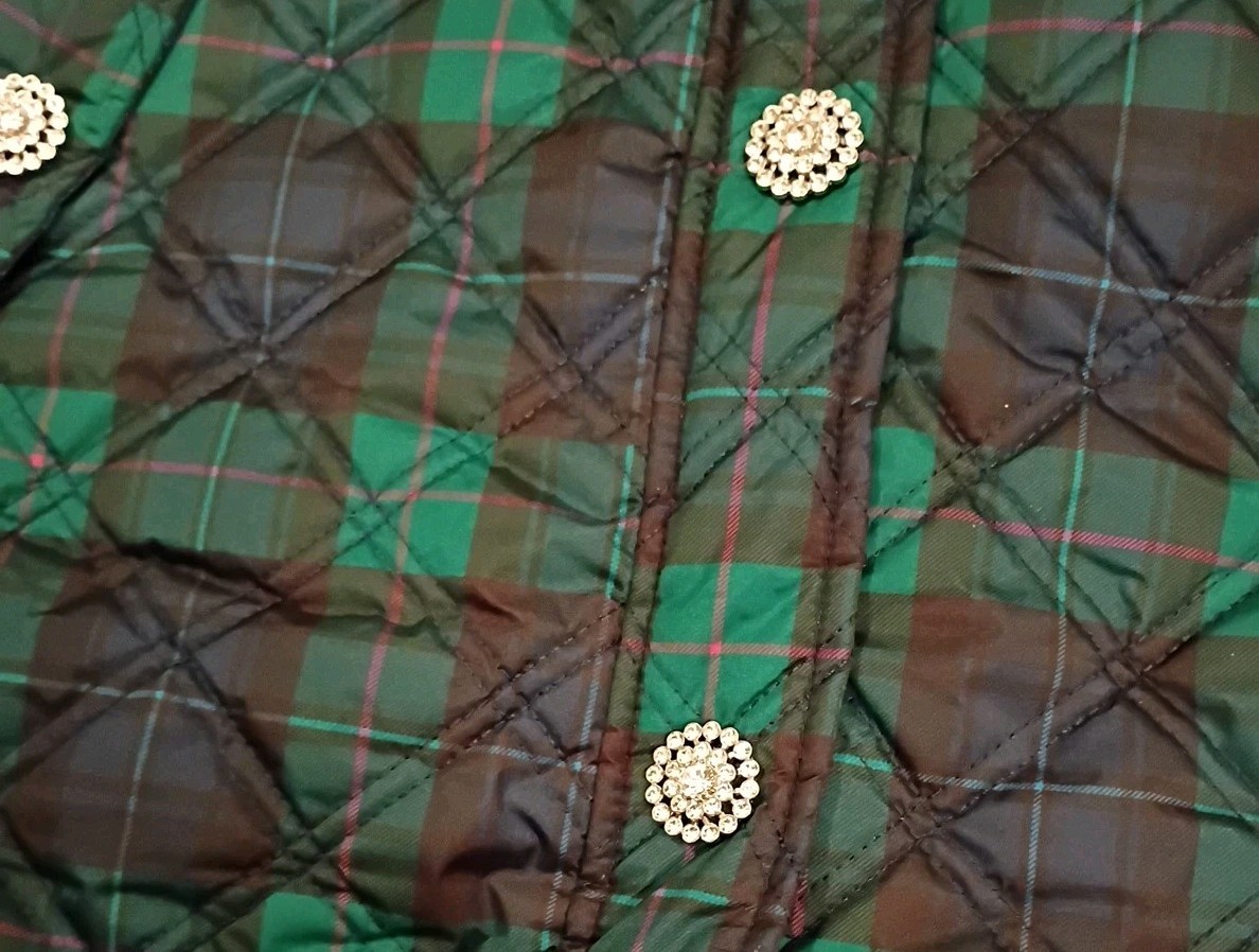 Crown & Ivy Navy Green Plaid Quilted Jacket Bling Rhinestone Button Snaps Sz M