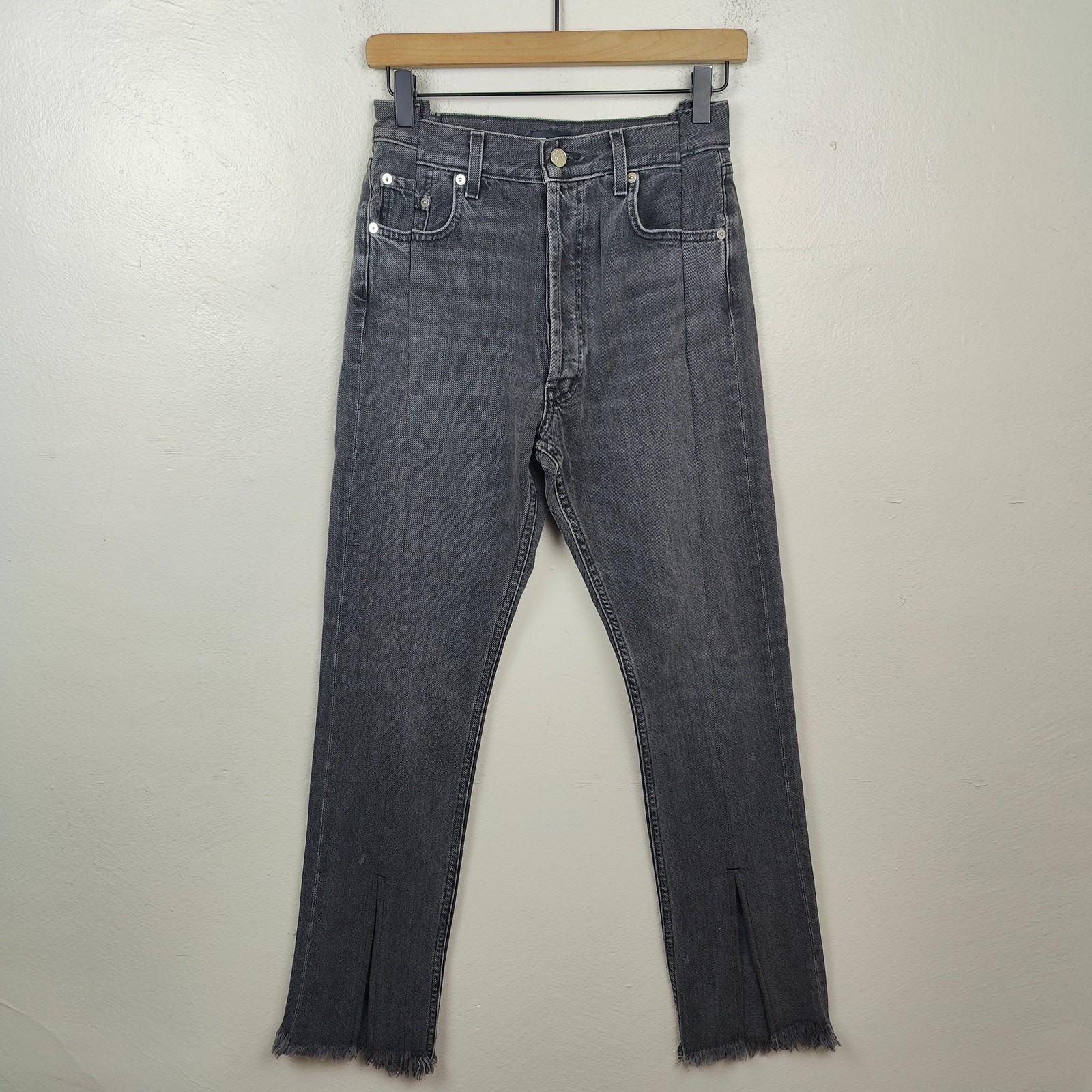 EB Denim Jeans Womens 25 Charcoal Wash Straight Leg Pieced Split Hem Patchwork
