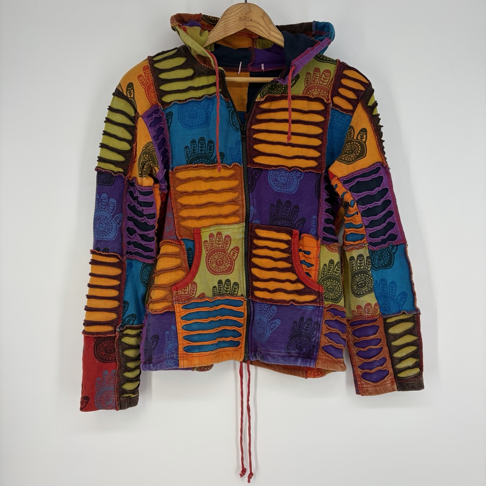 RHEA Nepal Jacket Women M Boho Art Hippie Festival Hoodie Colorful Artsy Indie