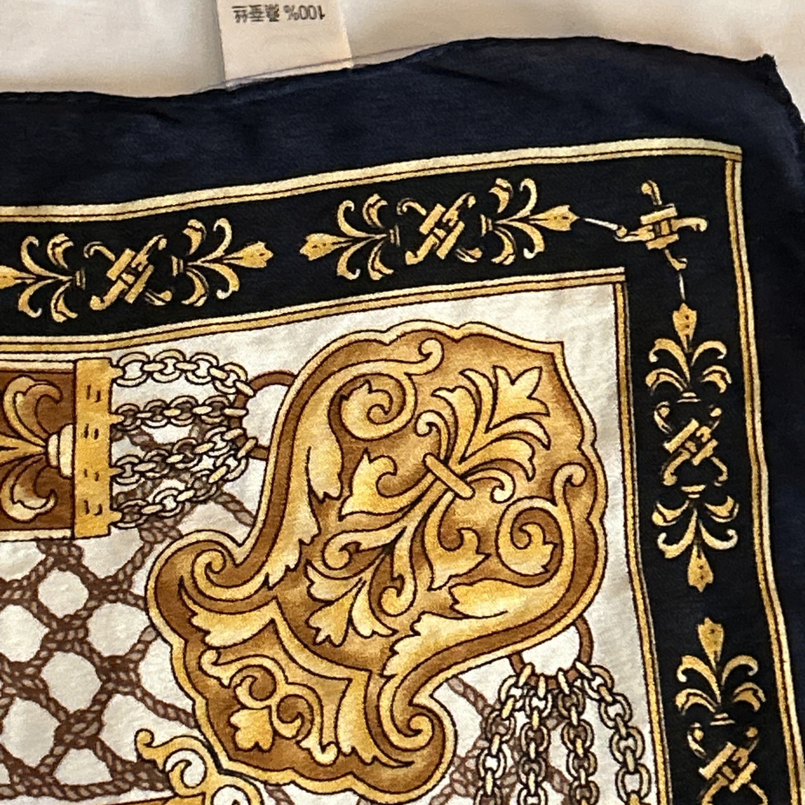 Scarf 100% Silk Gold Navy Blue And Beige Equestrian Scarf 20 Inches By 20 Inches