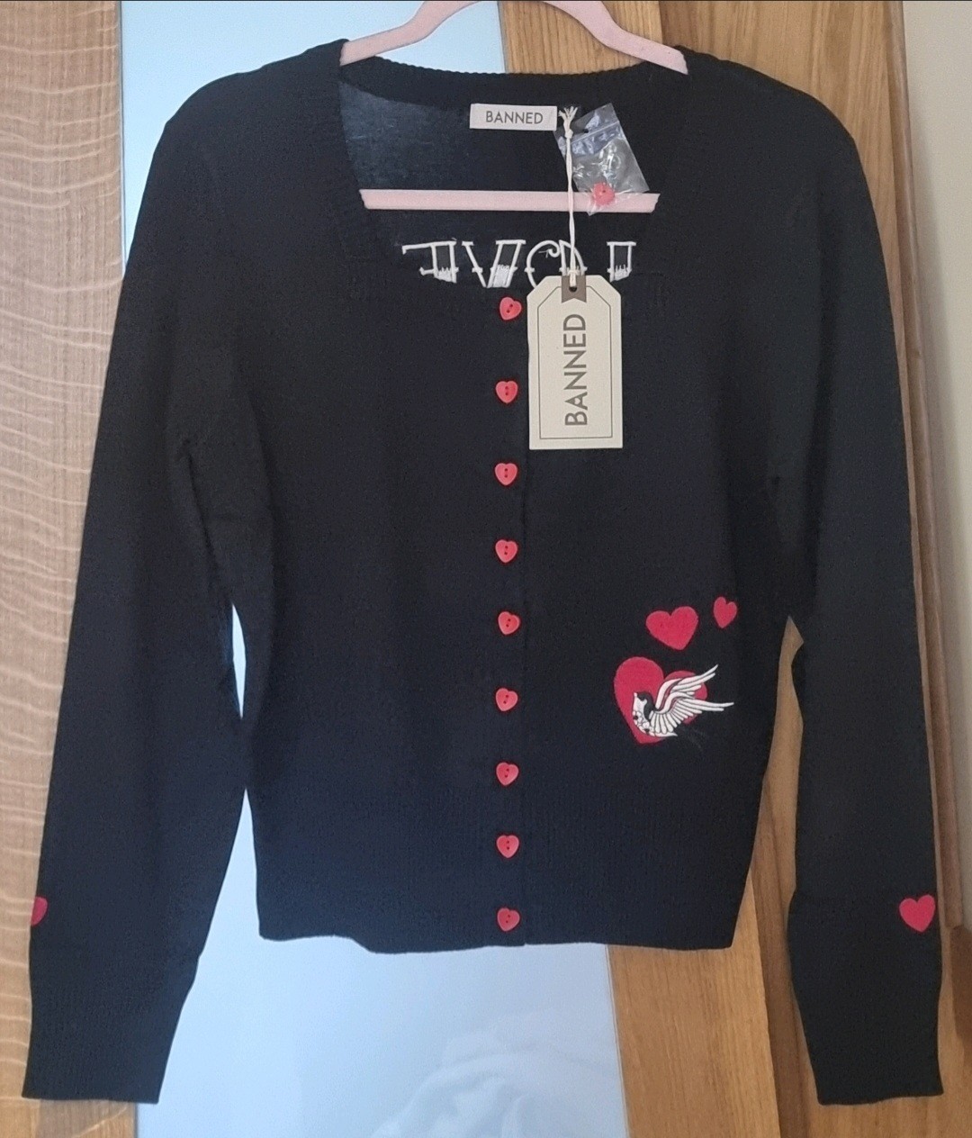 BANNED Apparel Annie Love Tattoo Design Black Womens Cardigan. Size M/12. BNWT