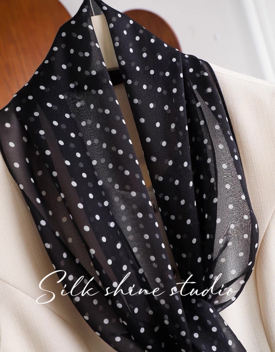 Chic Black & White Polka Dot 100% Silk Scarf -Lightweight 63″x12″ Oblong Summer