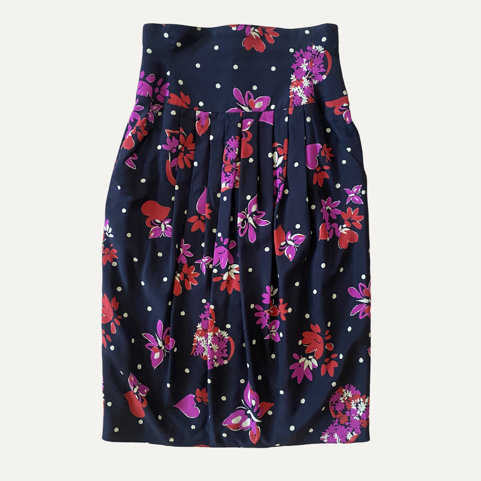 Vintage 80s Escada by Margaretha Ley 100% silk floral butterfly polka dot skirt