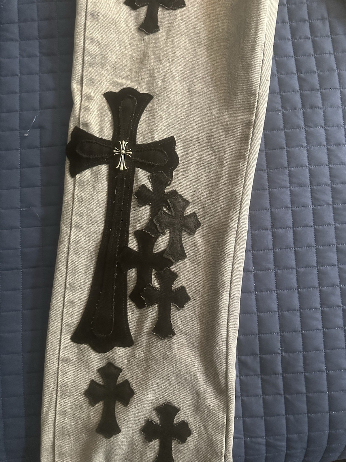 Chrome Hearts Men’s Gray Denim Straight Jeans Black Cross Patches Button Fly