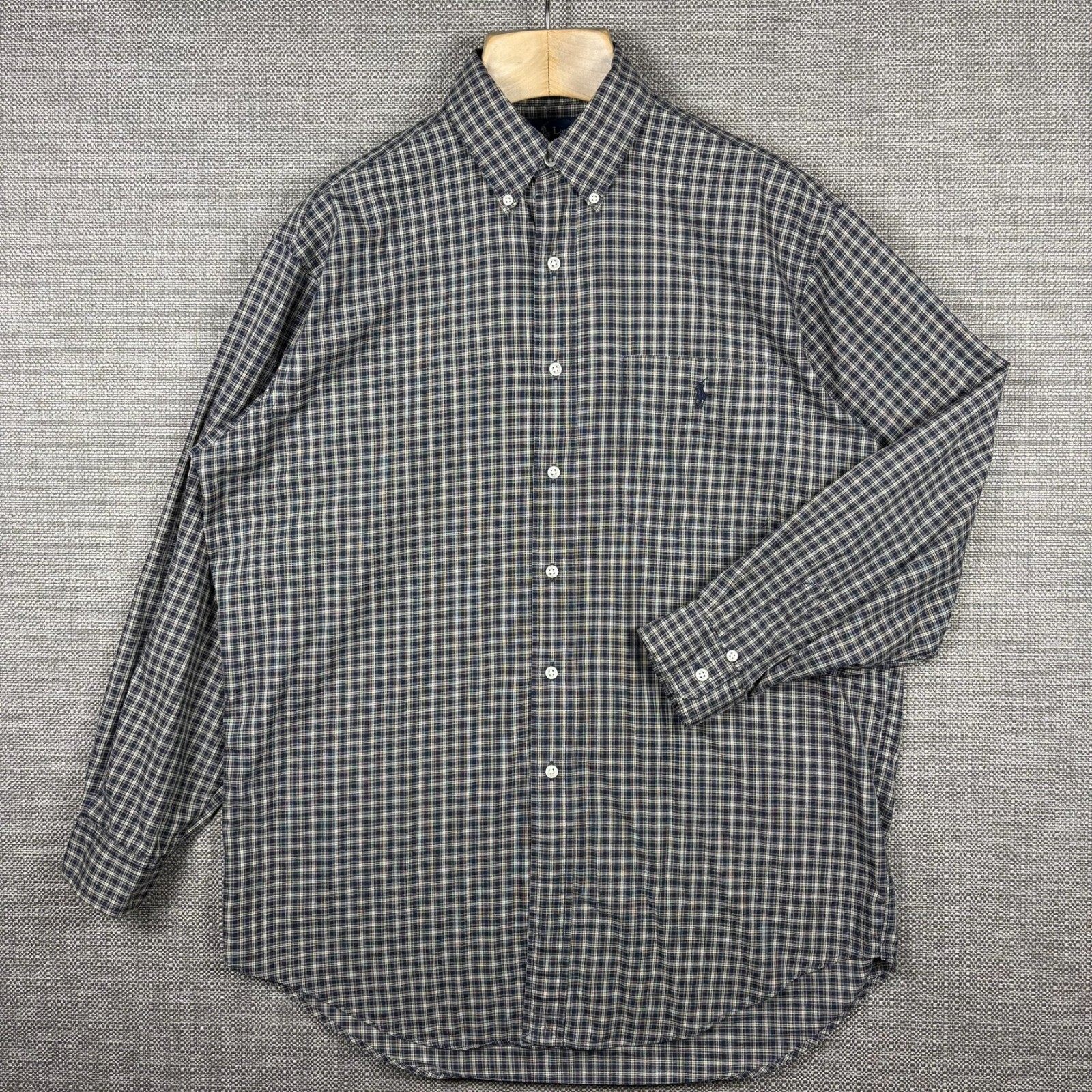 Ralph Lauren Men’s Shirt L Long Sleeve Black Blue Beige Plaid Classic Embroidery