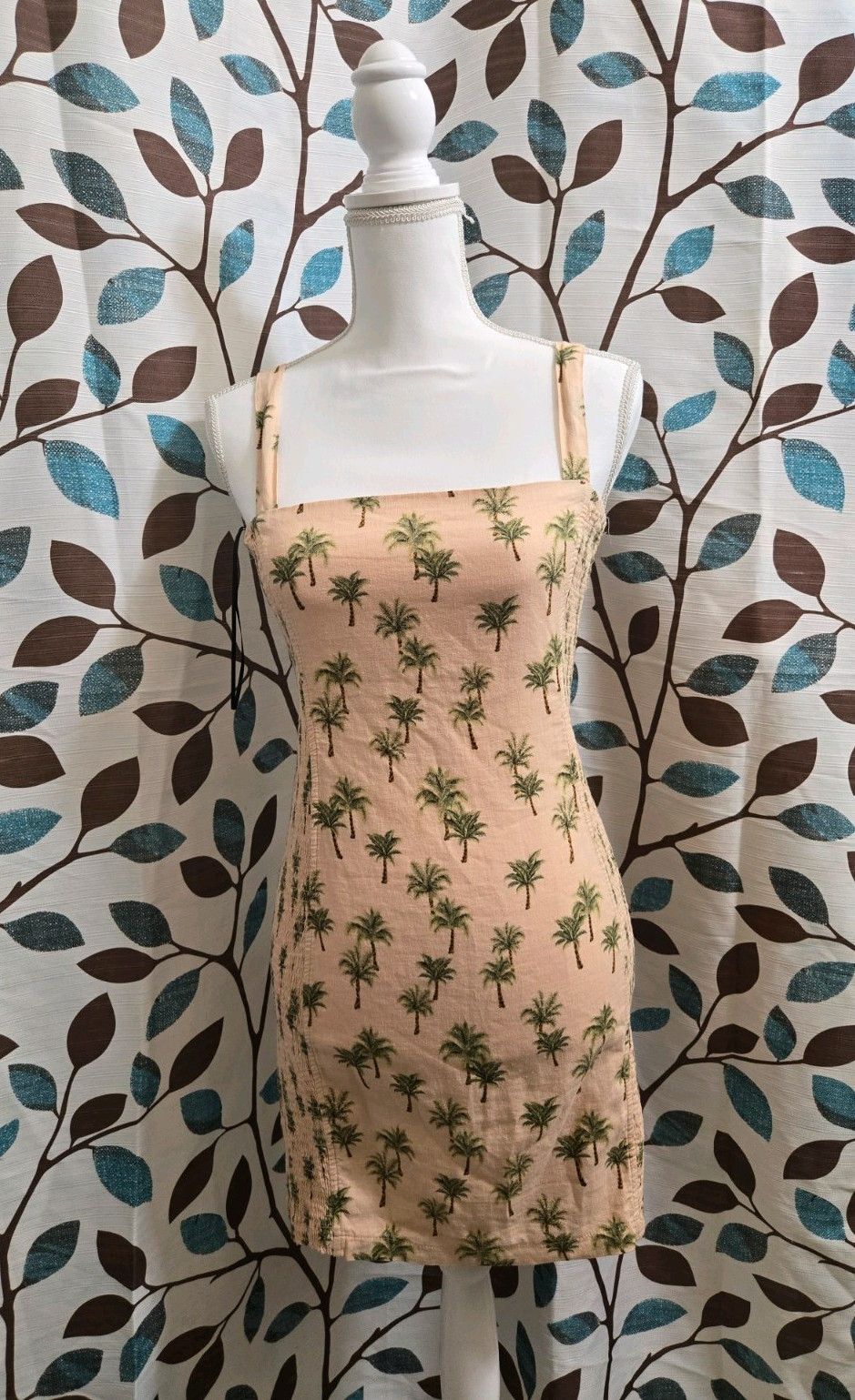 Robin K Heritage Palm Tree Print Mini Dress Beige Adjustable Straps Size M