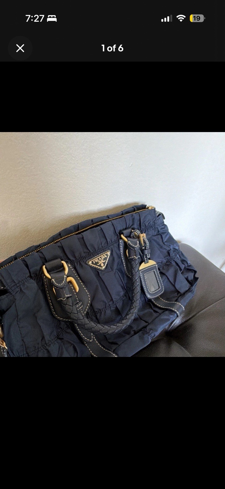 PRADA Blue Solid Top Handle Bag, Gold Hardware, Zip Closure, Brand Card