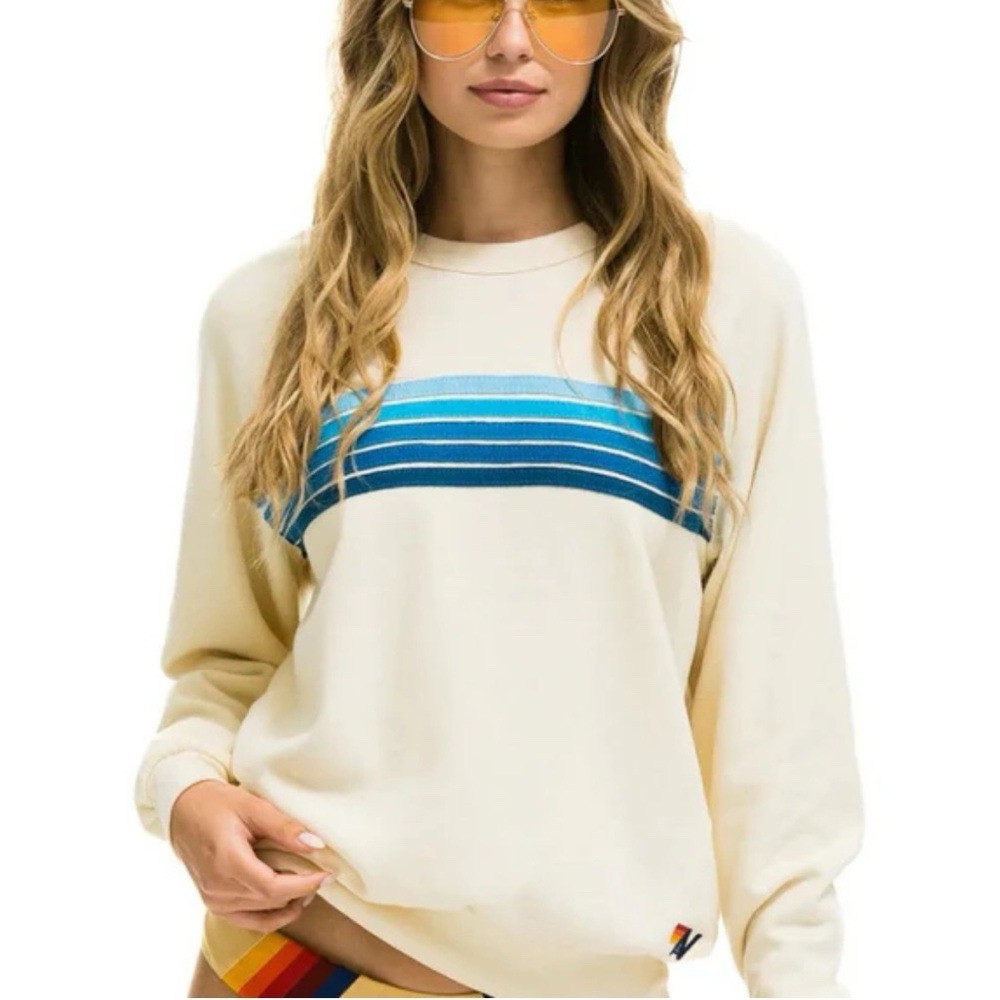 Aviator Nation 5 Stripe Crew Sweatshirt Small Blue Cream Fleece Pullover Top