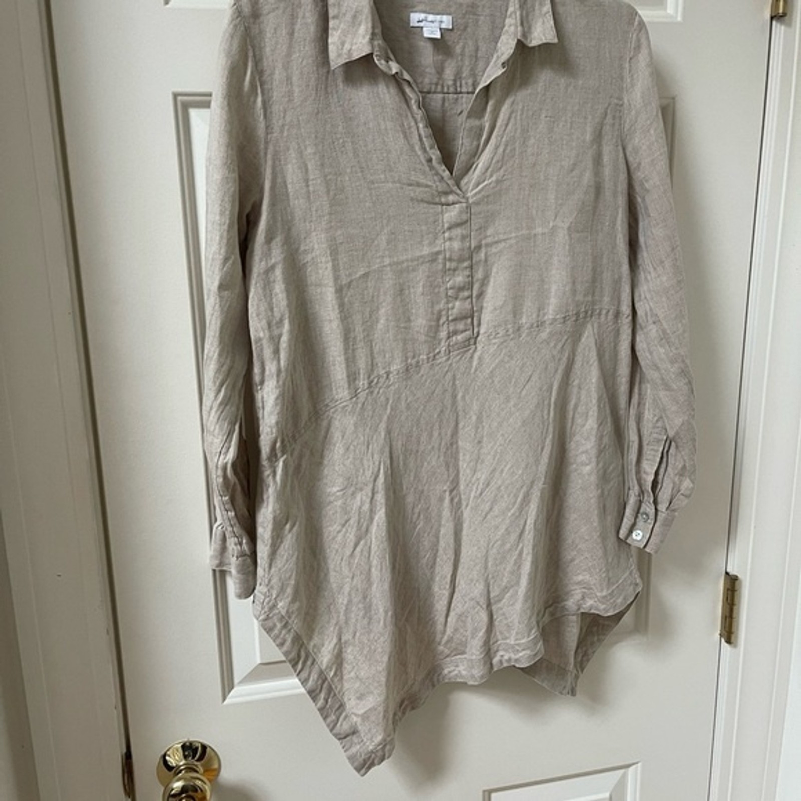 J. Jill Love Linen Neutral Asymmetrical Split Neck Tunic Blouse Top