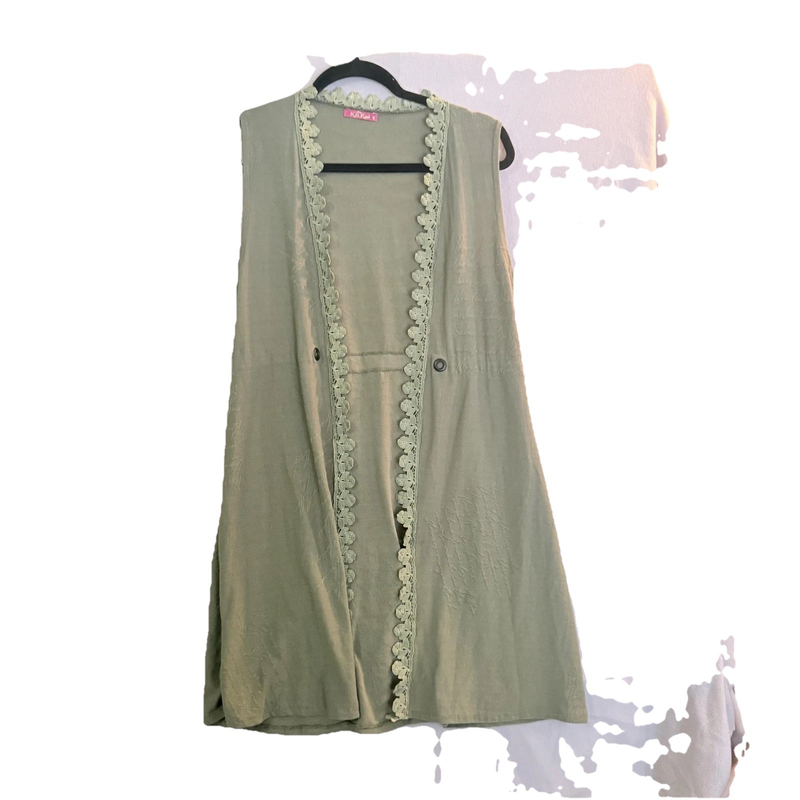 Kit Kat Women Sage Green Floral Crochet Lace Trim Script Pattern Longline Vest S