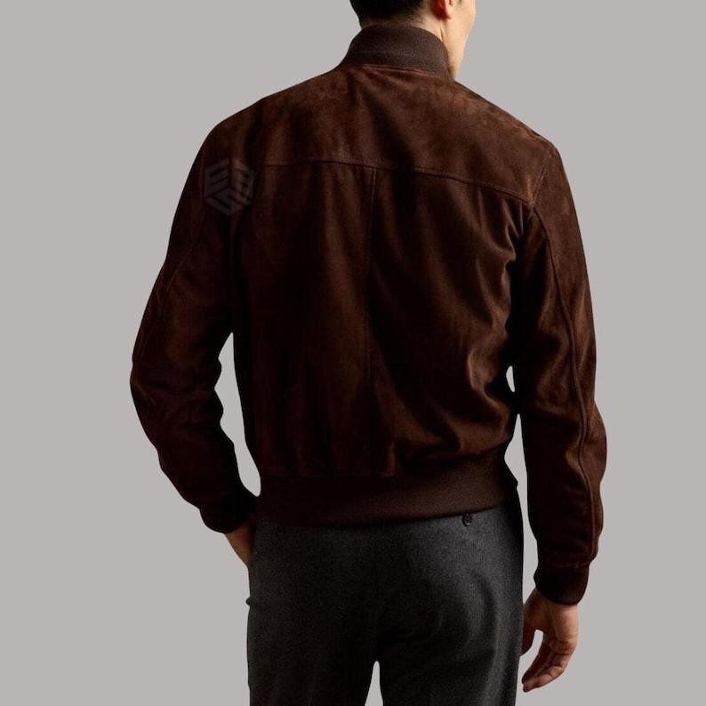 Handmade Dark Brown Suede Bomber Jacket: High-Neck Goatskin Leather Outerwear