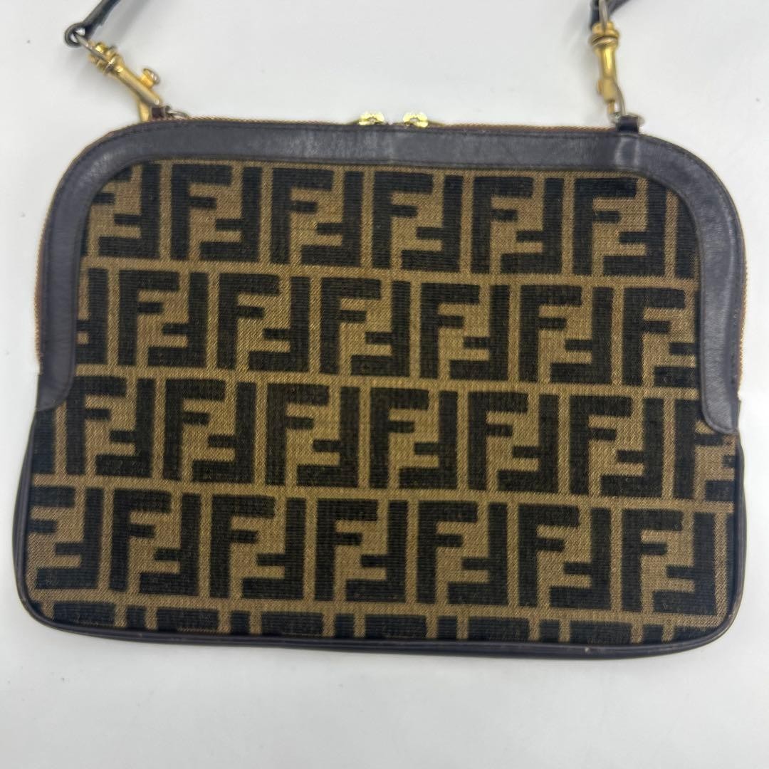 FENDI Zucca FF Shoulder Bag Ziplock Leather Canvas Brown Beige Gold #2702