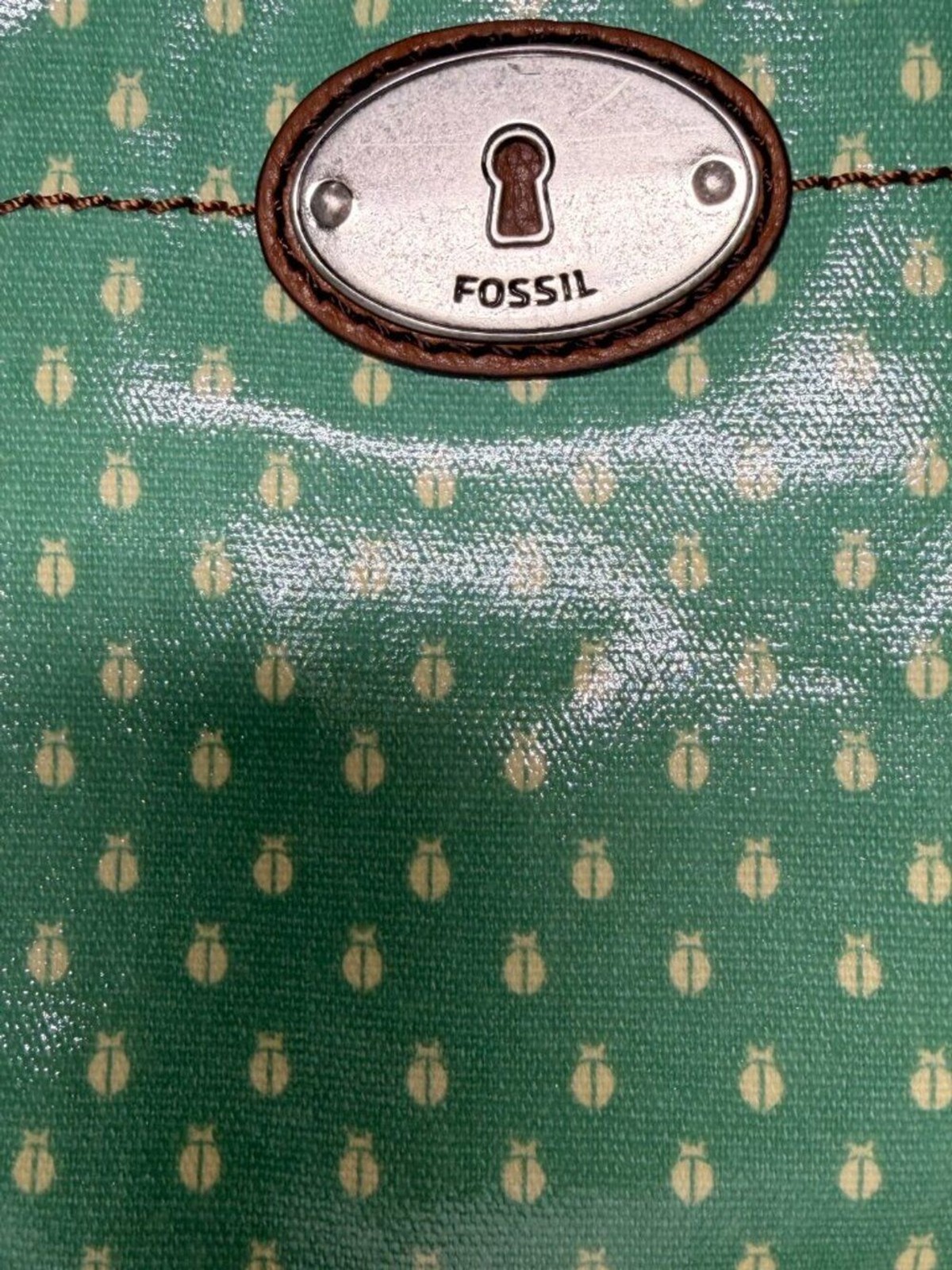 Fossil Key-Per Coated Canvas Crossbody Bag Green Ladybug Beetle Print Vintage