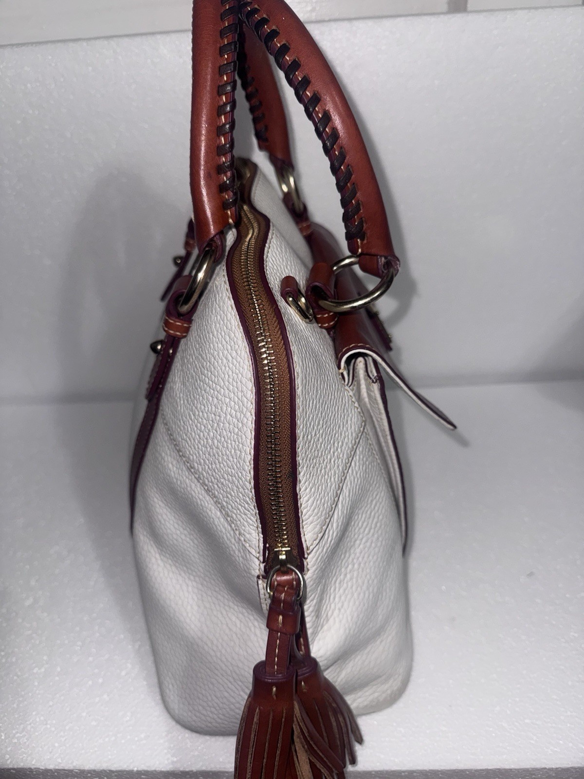 Dooney & Bourke White/Brown Leather Top Handle Zip Bag Red interior
