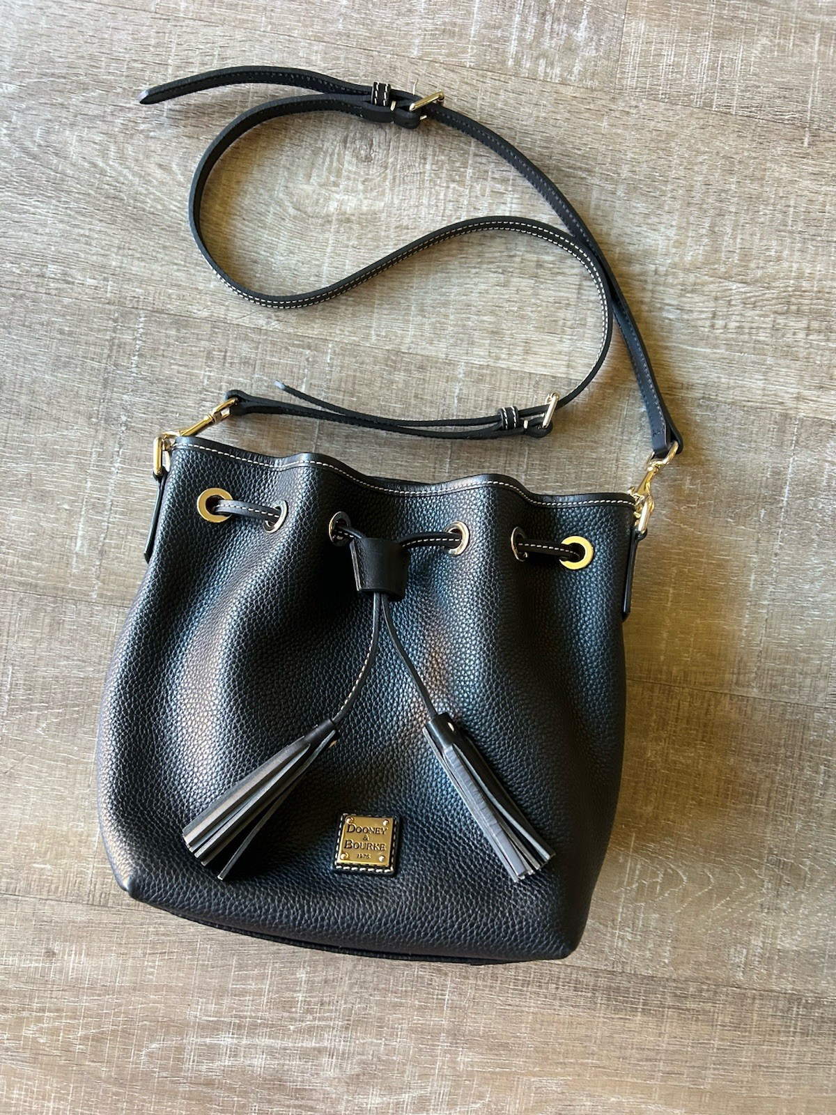Dooney & Bourke Pebble Grain Leather Drawstring Bucket Bag Black Tassel