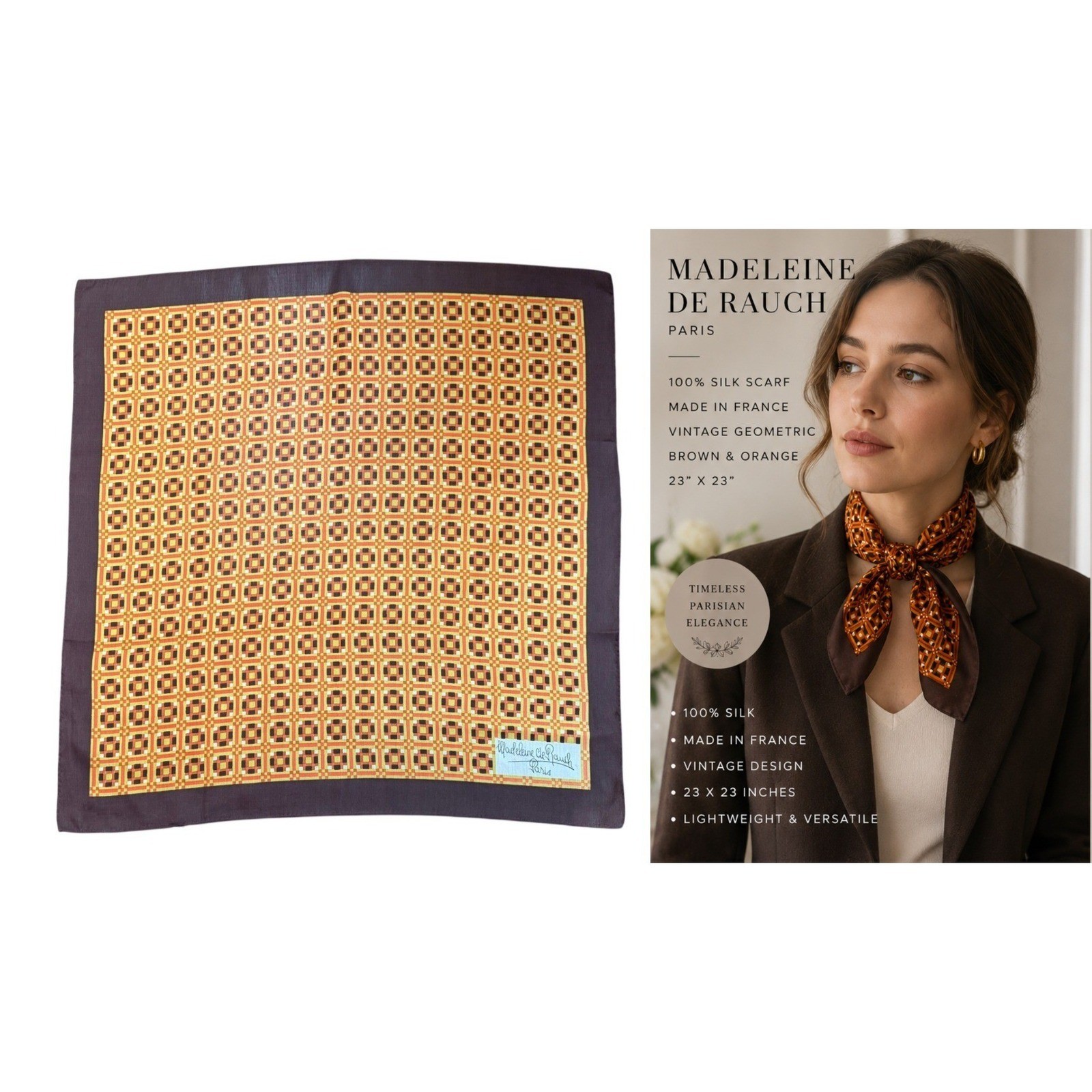 Madeleine de Rauch Paris Vintage Silk Scarf Made in France 23″x 23″ 70s Retro