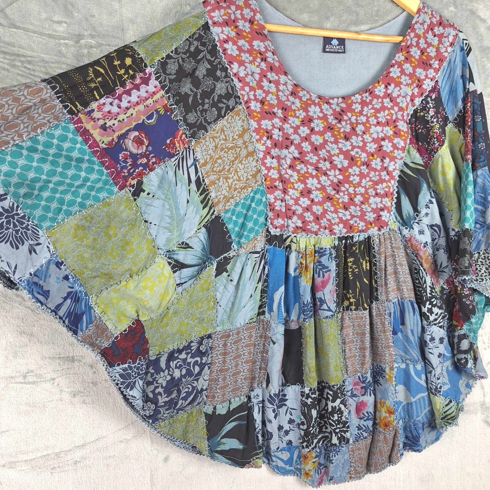 Womens Top One Size Patchwork Floral Boho Poncho Festival Hippie Oversized Artsy