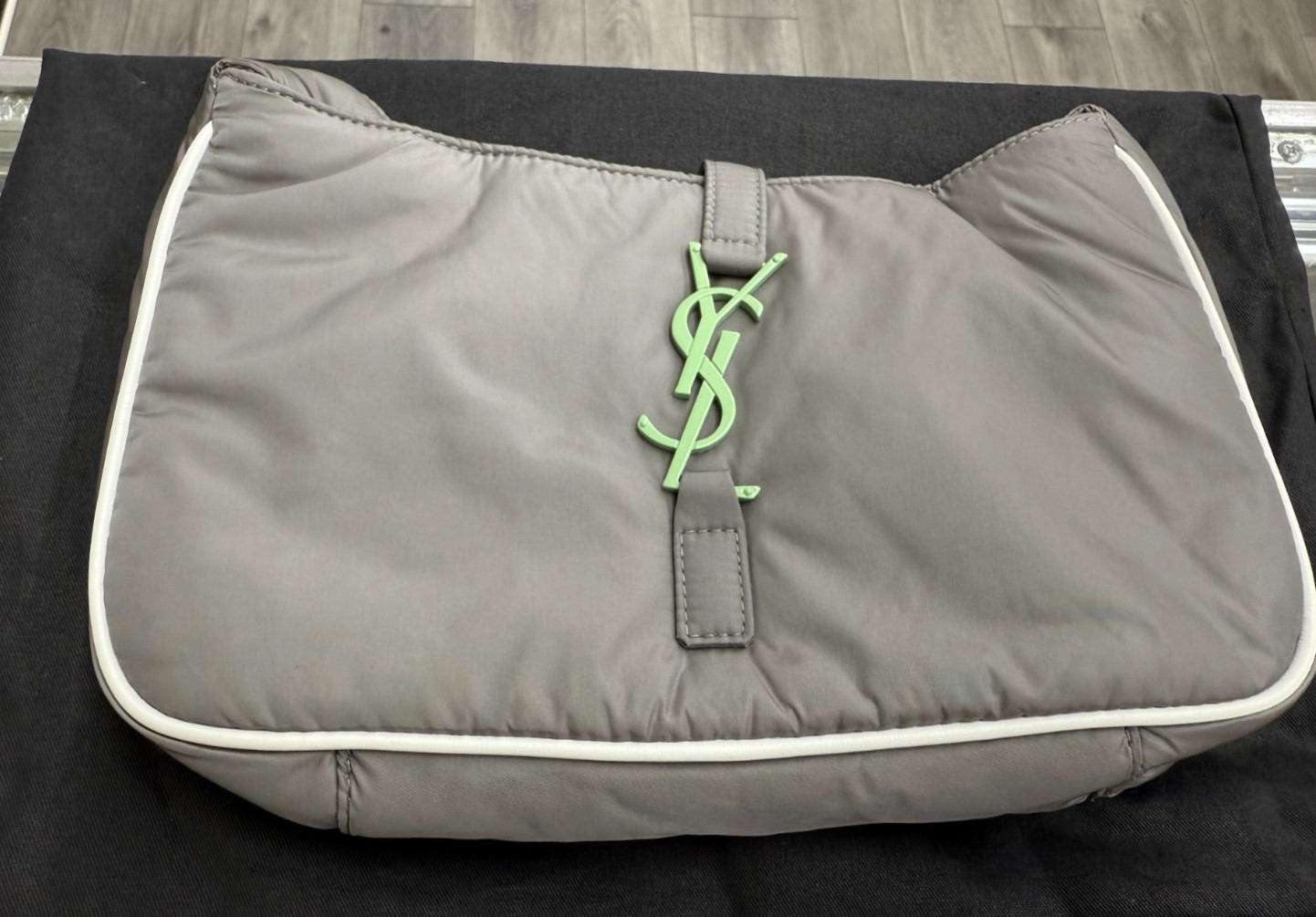 Saint Laurent 2023 Womens Nylon Le 5 A 7 Hobo Shoulder Bag Gray Mint Green