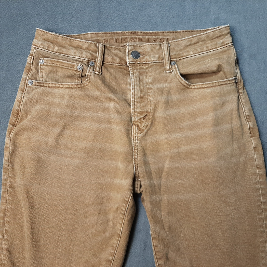 American Eagle Jeans Mens 32×30 Brown Tan Denim AirFlex Preppy Faded Whiskering