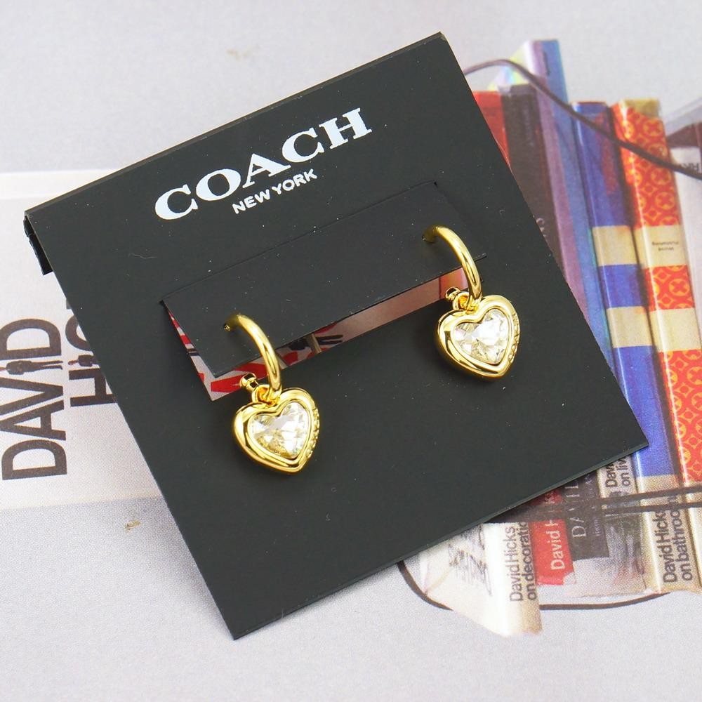 NWT Coach Stone Heart Huggie Earrings Clear Gold Tone