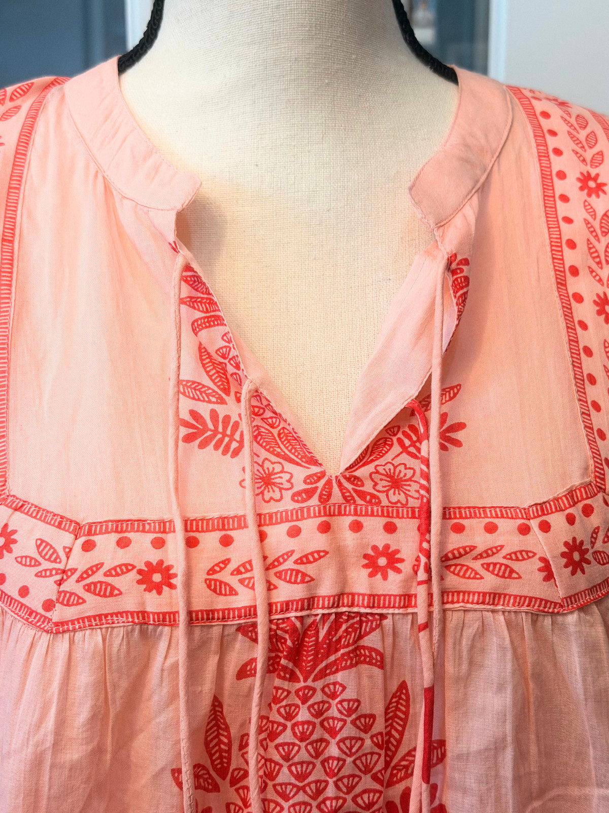 Calypso St. Barth Womens Boho Peasant Beach Blouse Top Peach Palm Tree Design M