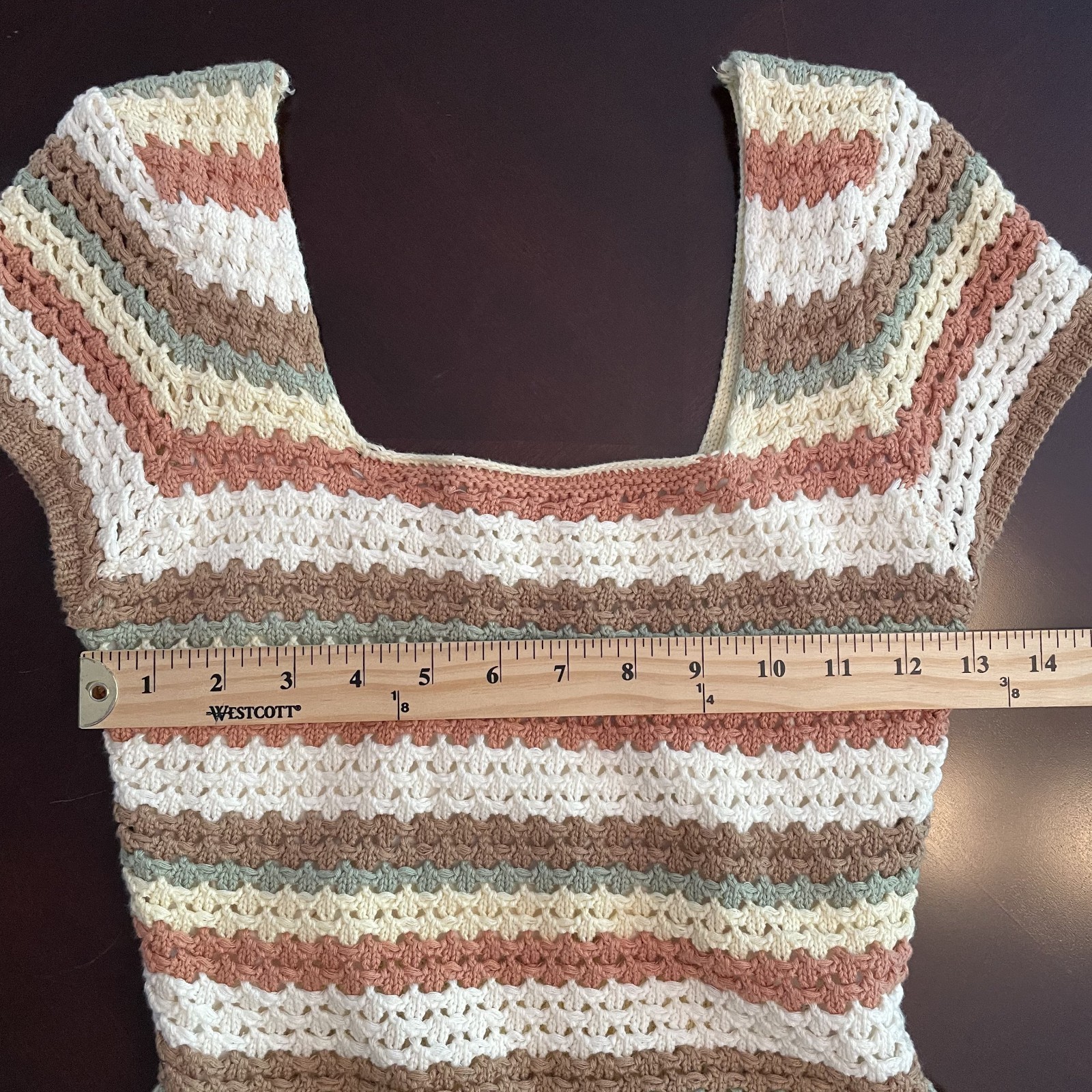 100% Cotton Crochet Open Knit Striped Crop Top Sz S Ruffles Granny Boho Cottage