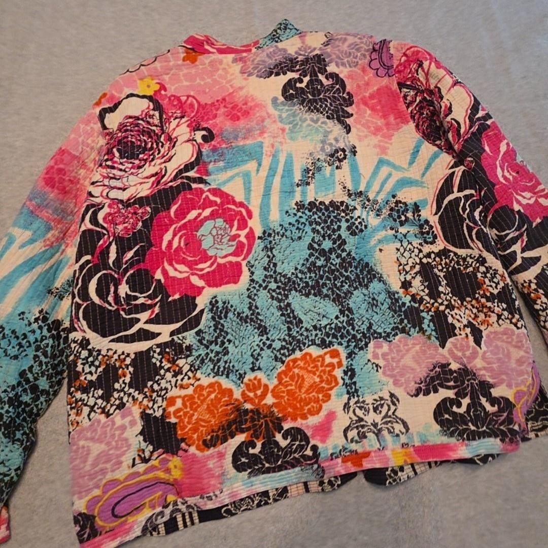 Floral Jacket Womens XL Multicolor Cotton Quilted Reversible Short Button Boho
