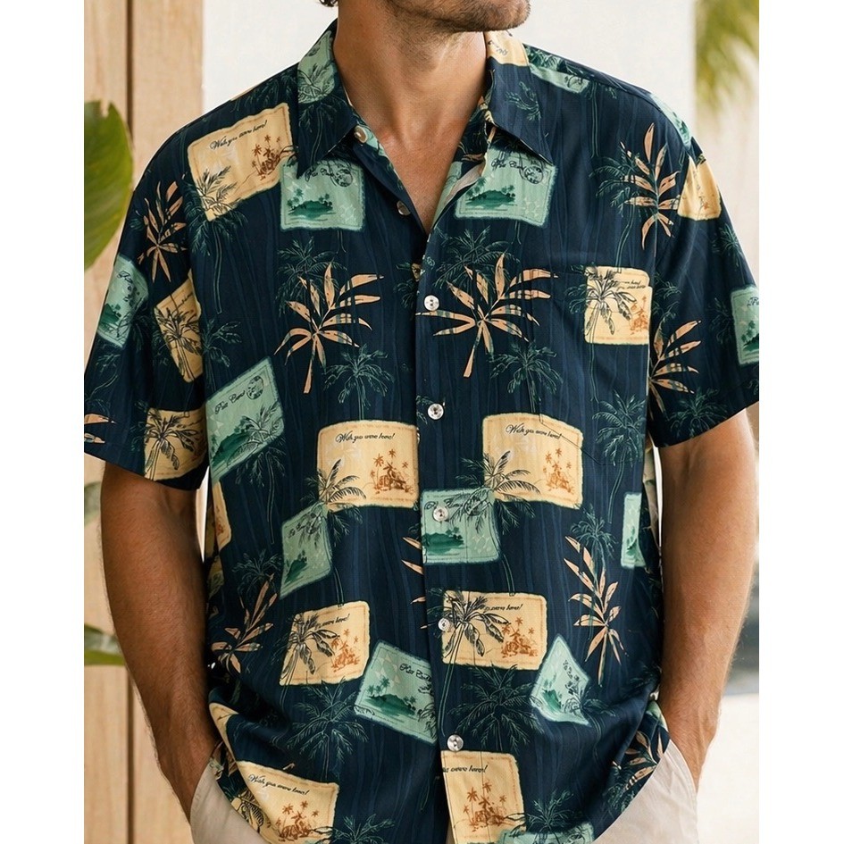 Pineapple Moon Men’s Aloha Hawaiian Shirt L Silk Teal Postcard Palm Print NWT