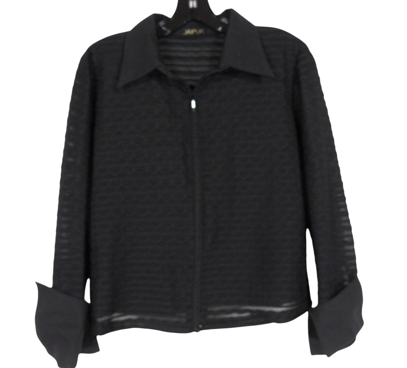JAIPUR Black TEXTURED CHEVRON WAVY Semi-Sheer FOLD CUFFS Zip-Up JACKET TOP Sz S