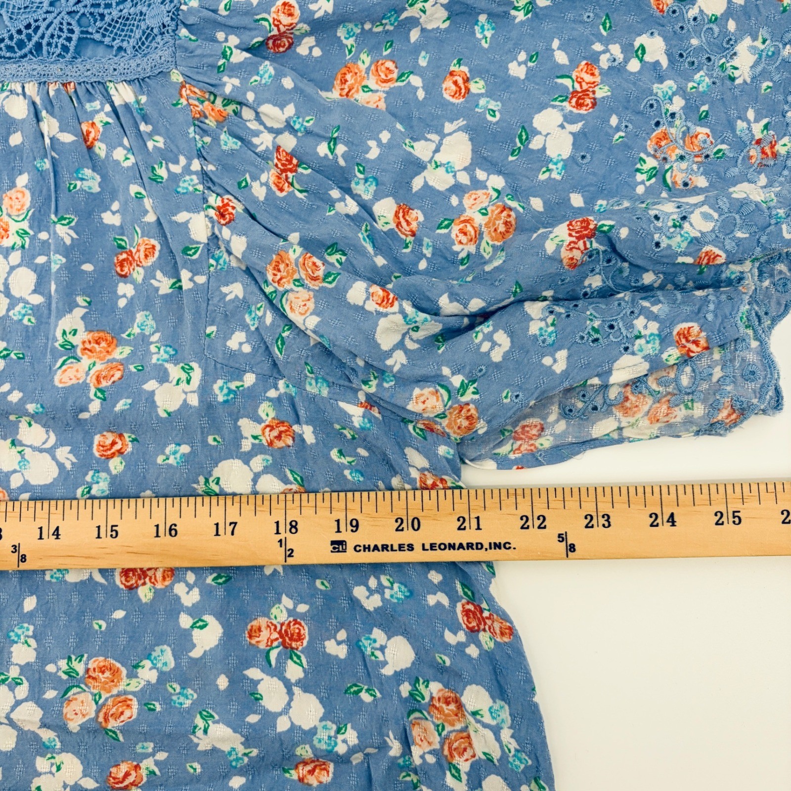 Matilda Jane Top Large Blue Floral Crochet Lace Butterfly Sleeve Boho Flowing