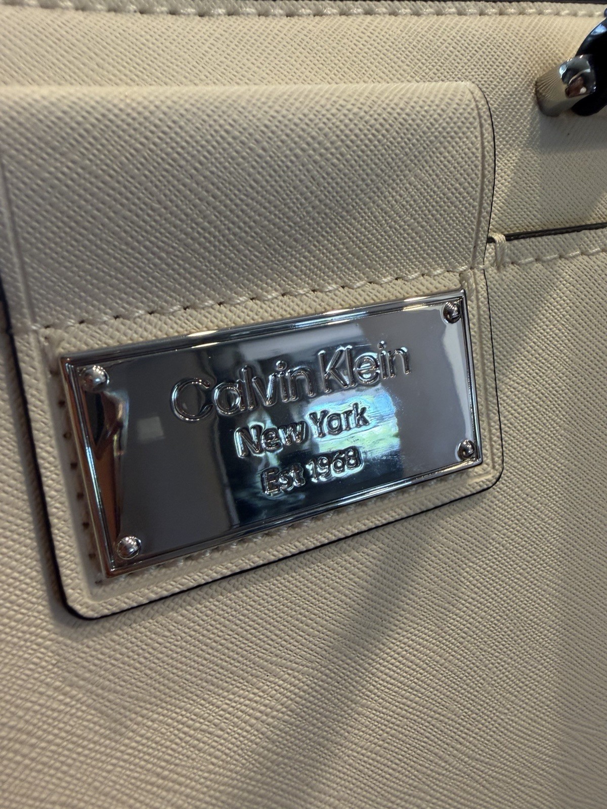 Calvin Klein Beige Satchel Top Handle Bag Zip Double Handles Detachable Strap
