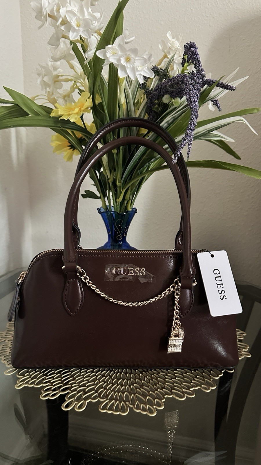 GUESS Brown Top Handle Satchel Zip Closure Gold Hardware Chain & Bag Charm