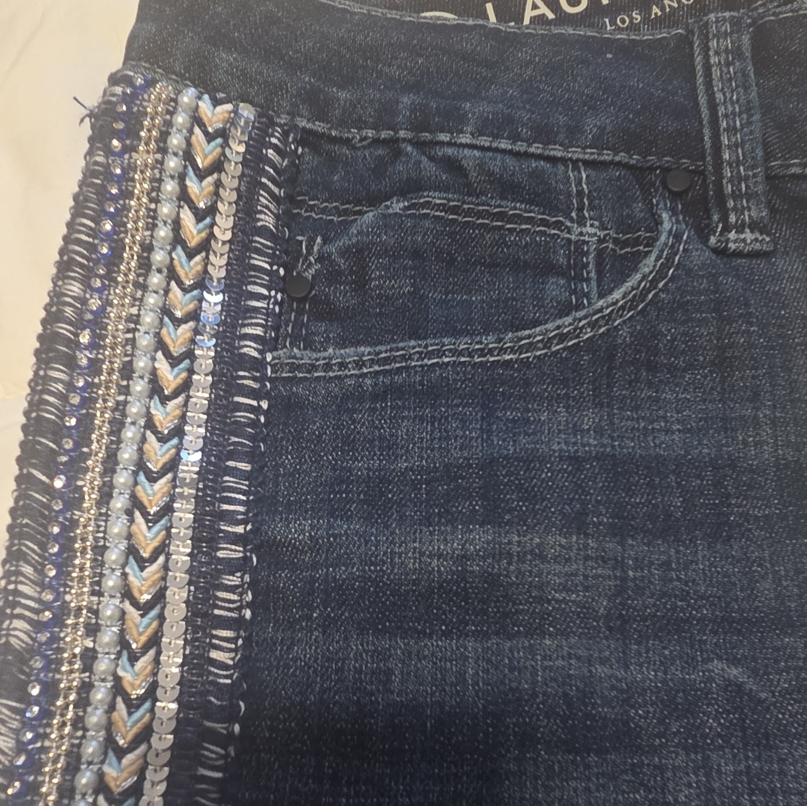 Laurie Felt Women’s Dark Wash Blue Denim Jeans Embellished Stripe Size 8