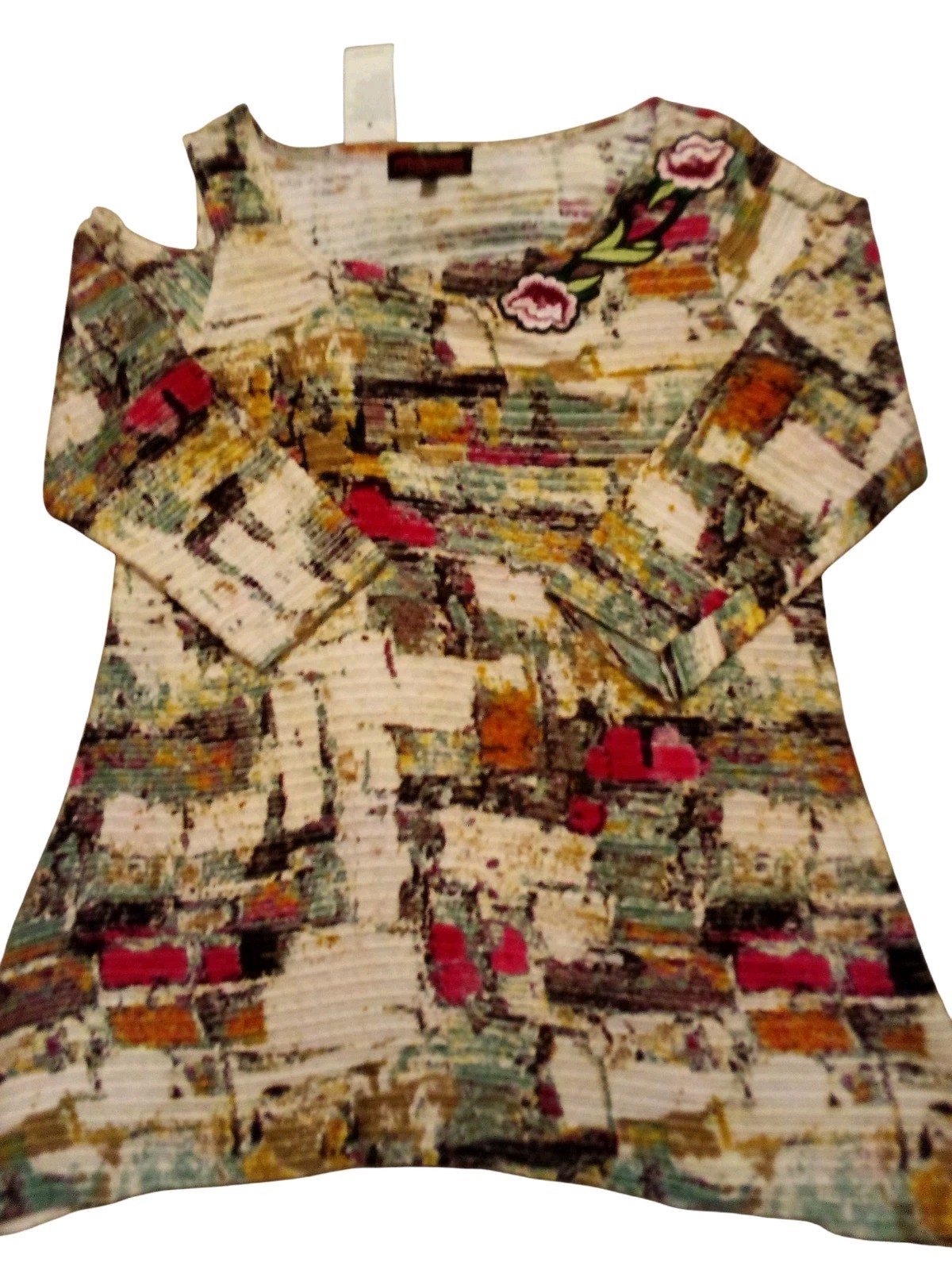 Mishca – Embroidered Roses, Cold Shoulder, Ribbed Fabric W/Abstract Design,