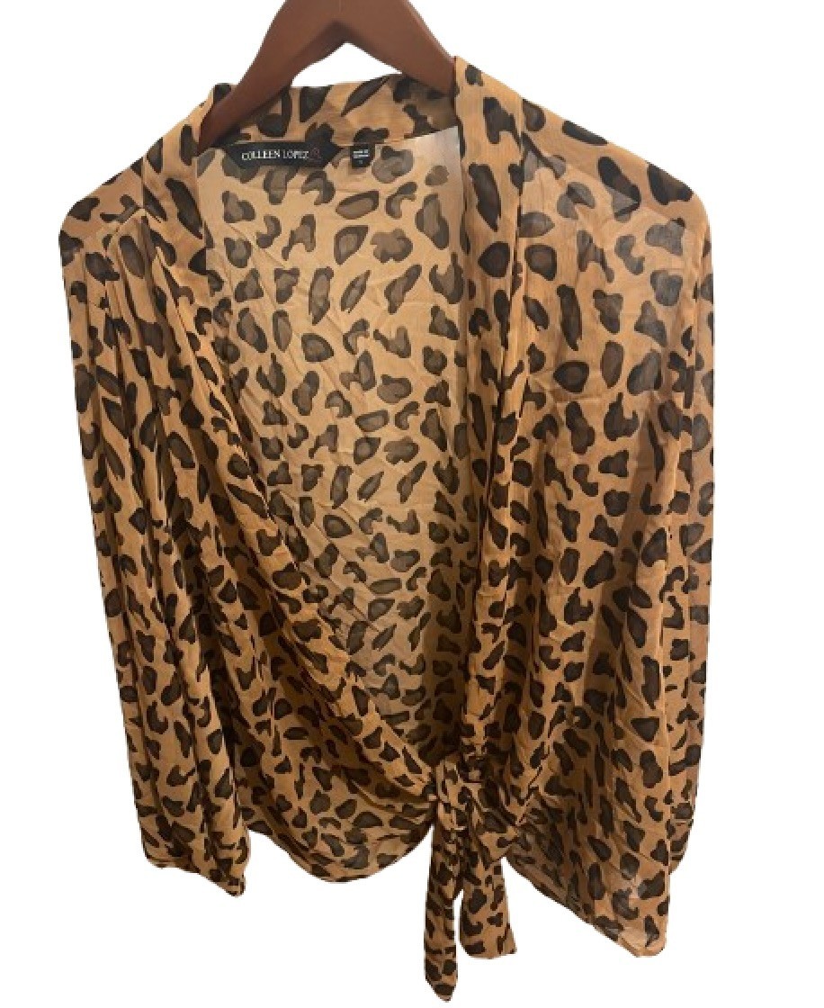 Colleen Lopez sheer tie-front top leopard animal print wrap blouses L cover-up