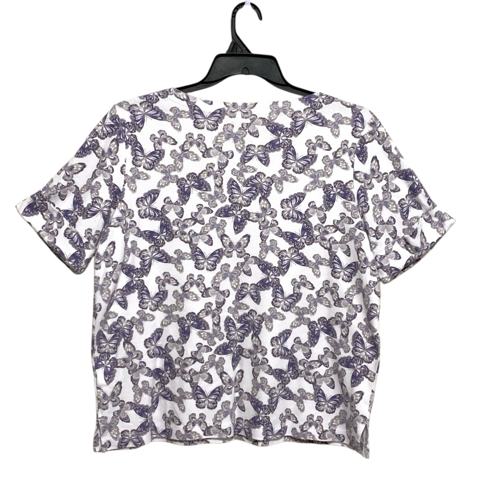 Hasting & Smith Top Women’s Large White Purple Butterflies Short Cuffed Sleeves
