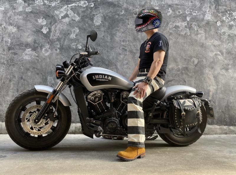 BOB DONG Retro Prisoner Striped Motorcycle Pants Men Casual Biker Trousers Thick