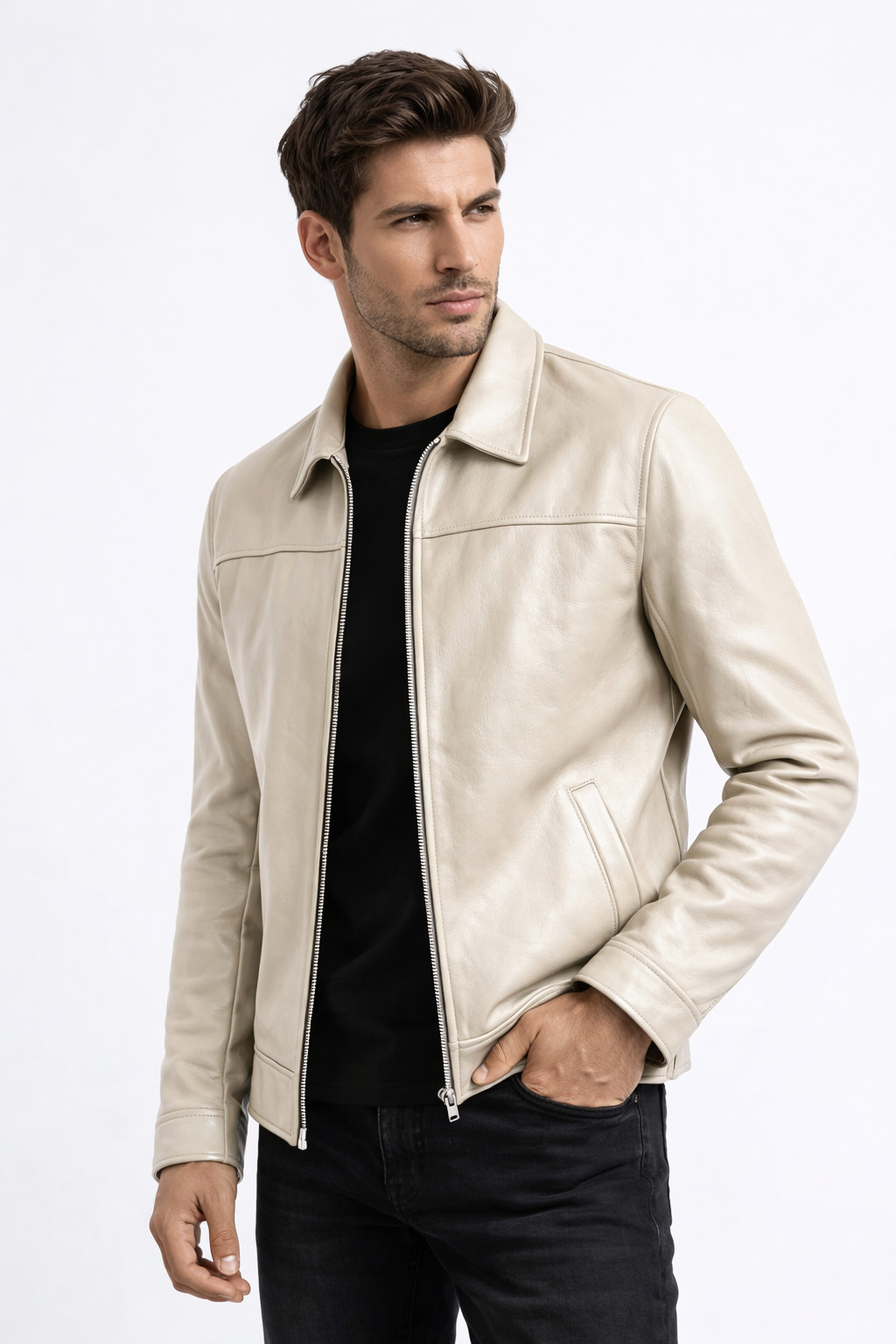 Men’s Genuine Leather Jacket Classic Zip Up Casual Biker Bomber Outerwear Coat