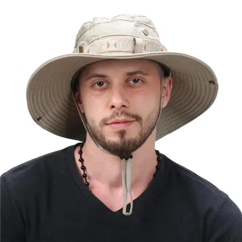 Summer Men Bucket Hat Outdoor UV Protection Wide Brim Panama Safari Hunting Hiki