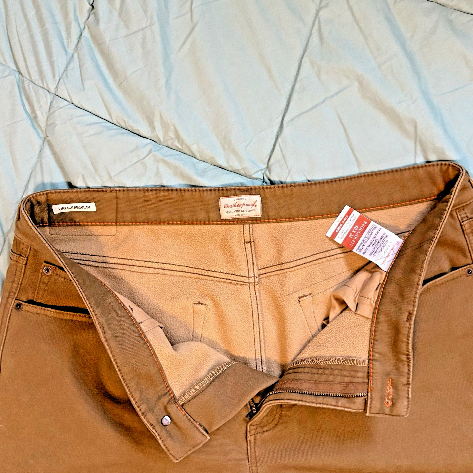 Vtg 40×30 Fleece Men Weatherproof Lined Stretch Canvas Brown Pants Item 1078078