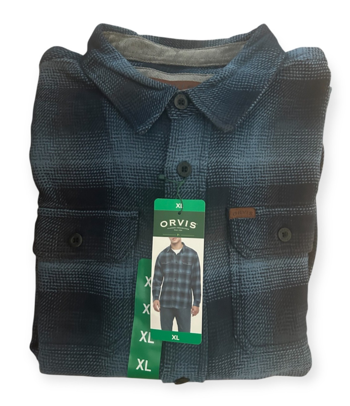 Orvis Men’s Flannel Shirt Regular Fit Heavyweight Cotton Plaid Blue Size XL