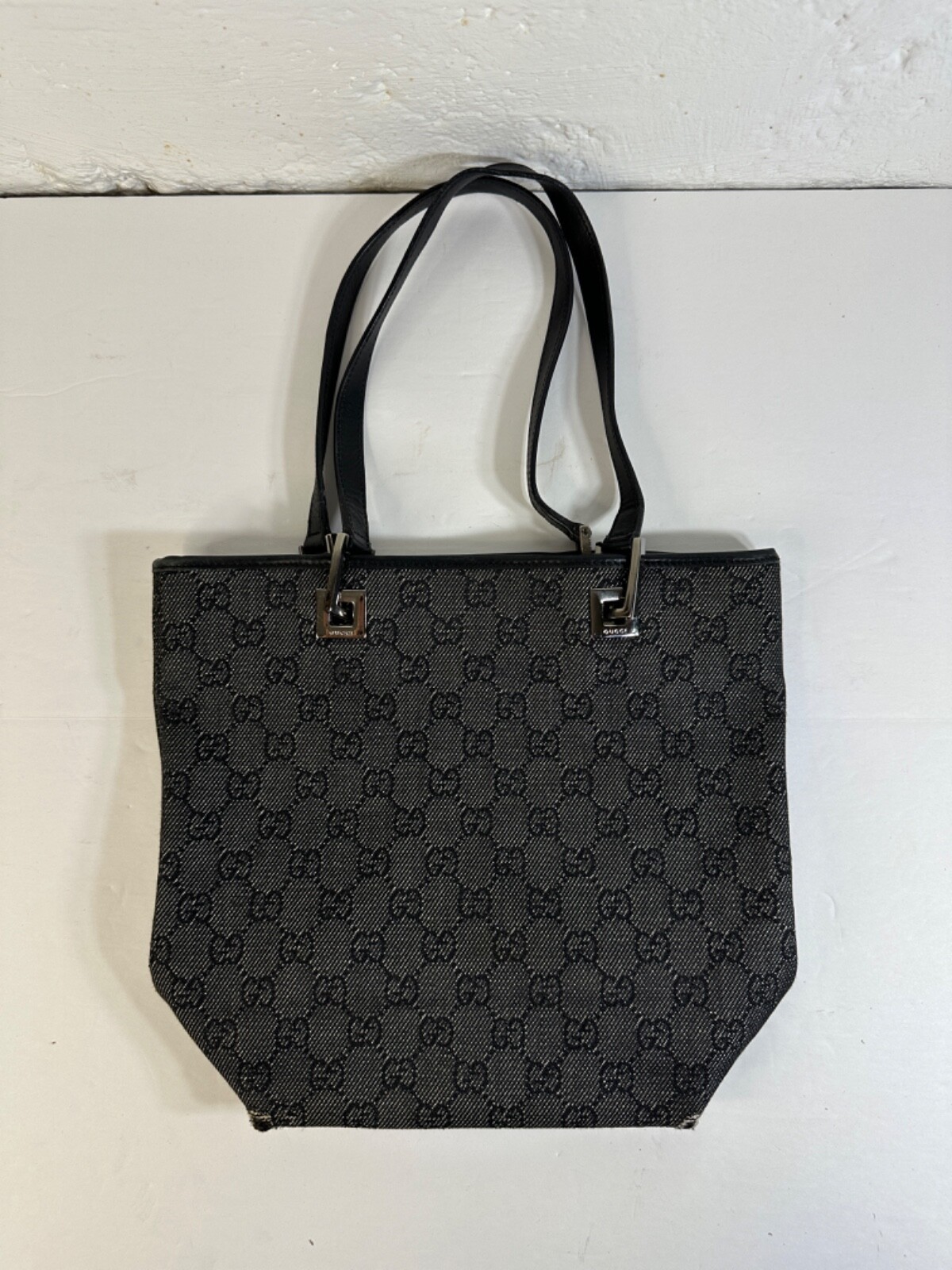 Authentic Gucci GG Black Leather Tote Bag Purse 10.25″ Wide 9.25″ High EUC