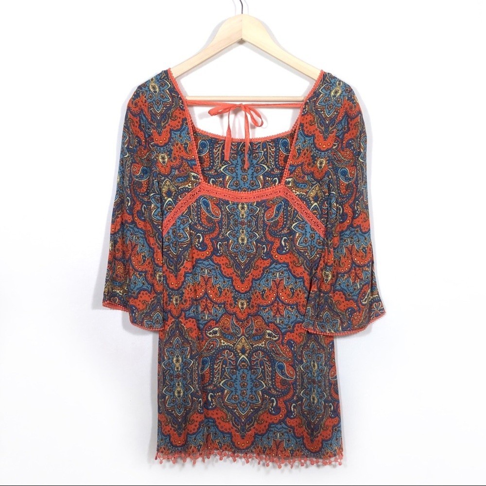 FREE PEOPLE Mini Dress Womens 2 Orange Blue Paisley Bell Sleeve Tunic $148 U924