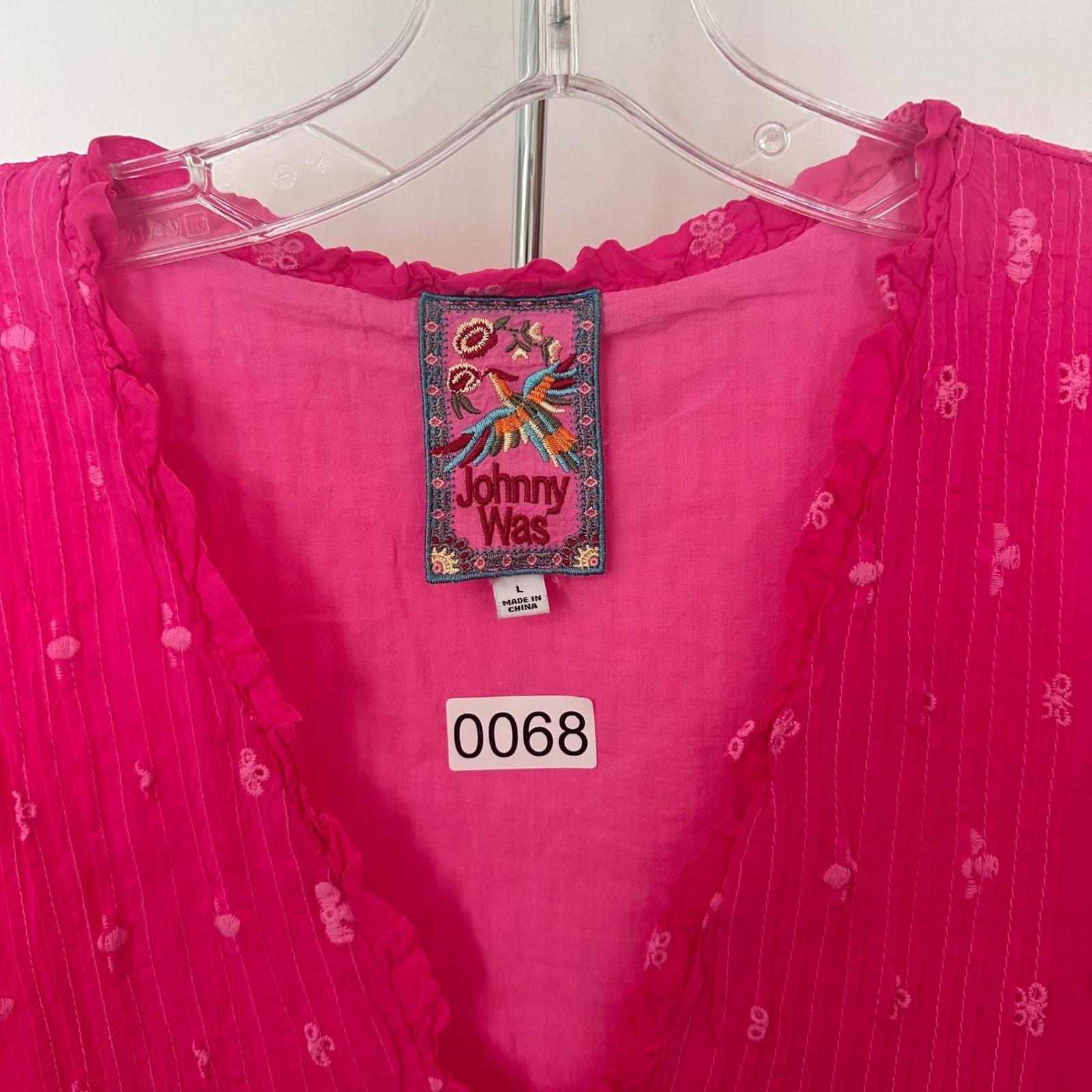 Johnny Was Hot Pink Embroidered Silk Blend Tunic Top Lace Trim V-Neck Large