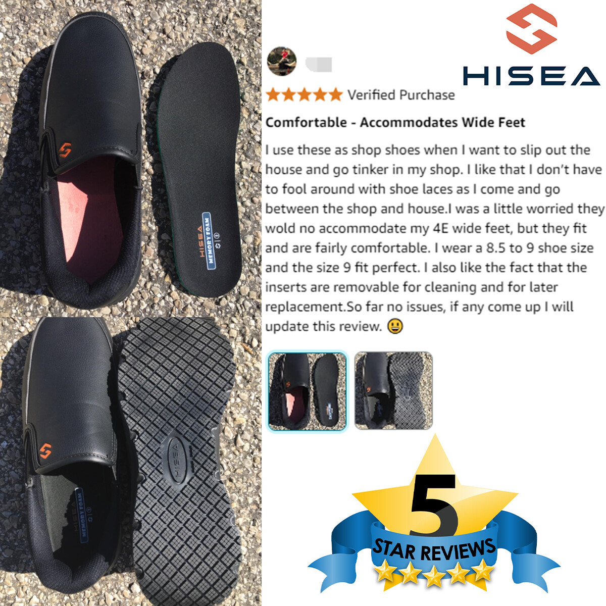 HISEA Men Slip-On Non-Slip Shoes Water & Oil Resistant Chef Restaurant Work Shoe