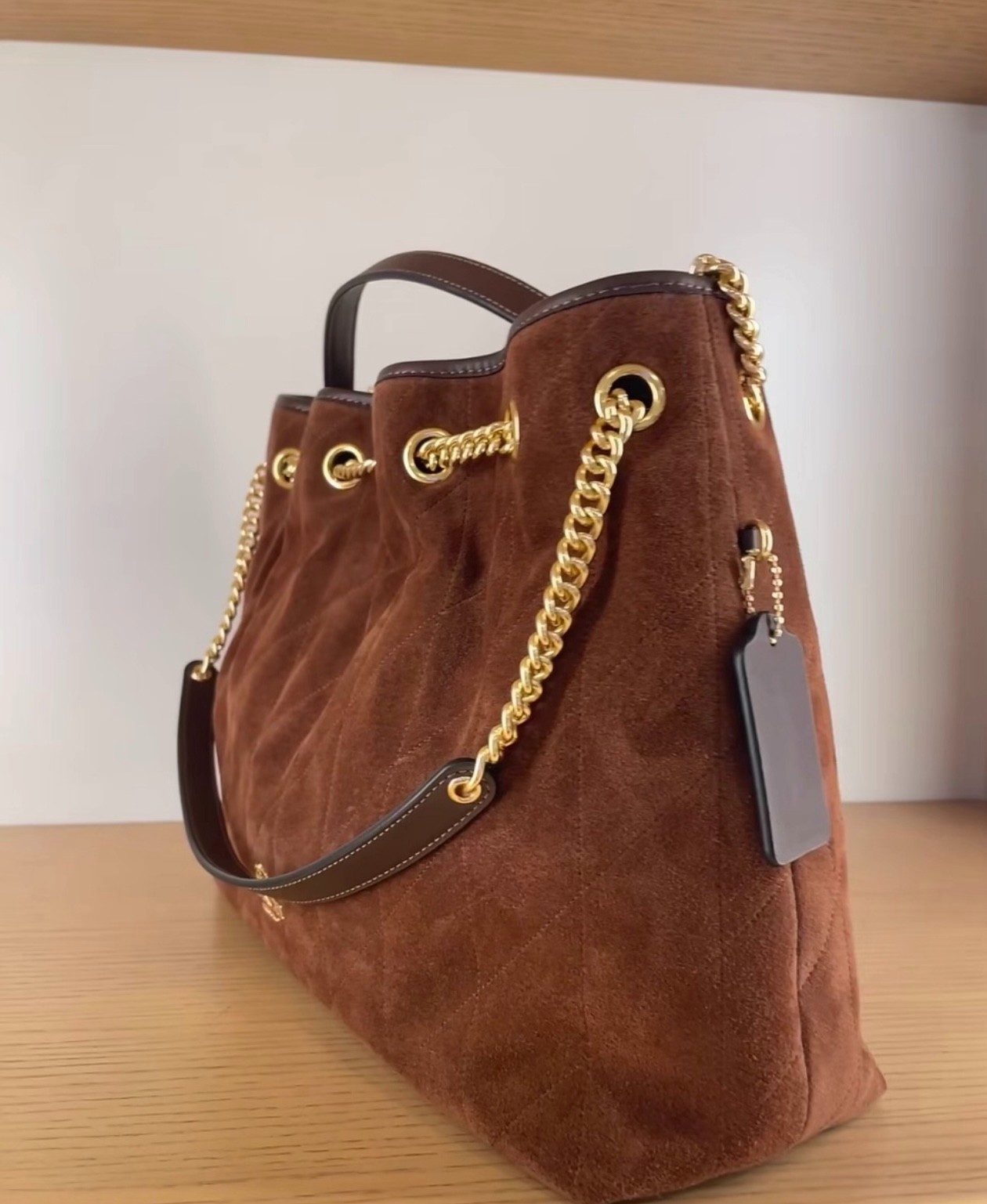 COACH CCZ80 Evelyn Shoulder Bag with Quilting Suede Gold/Vintage Brown/Maple NWT