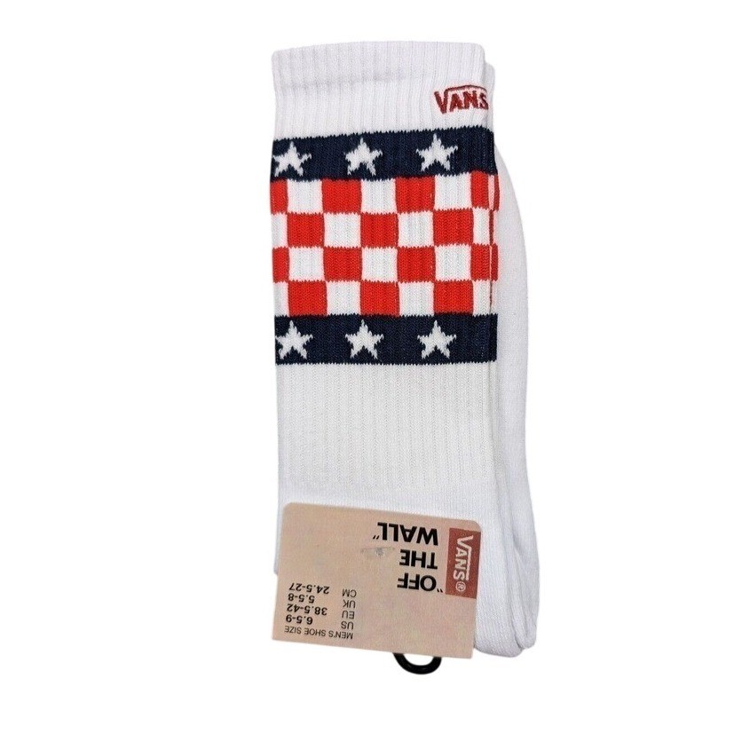 Vans Drop V Crew Socks Mens Womens 6.5-9 White Red Blue USA Checkerboard Flag