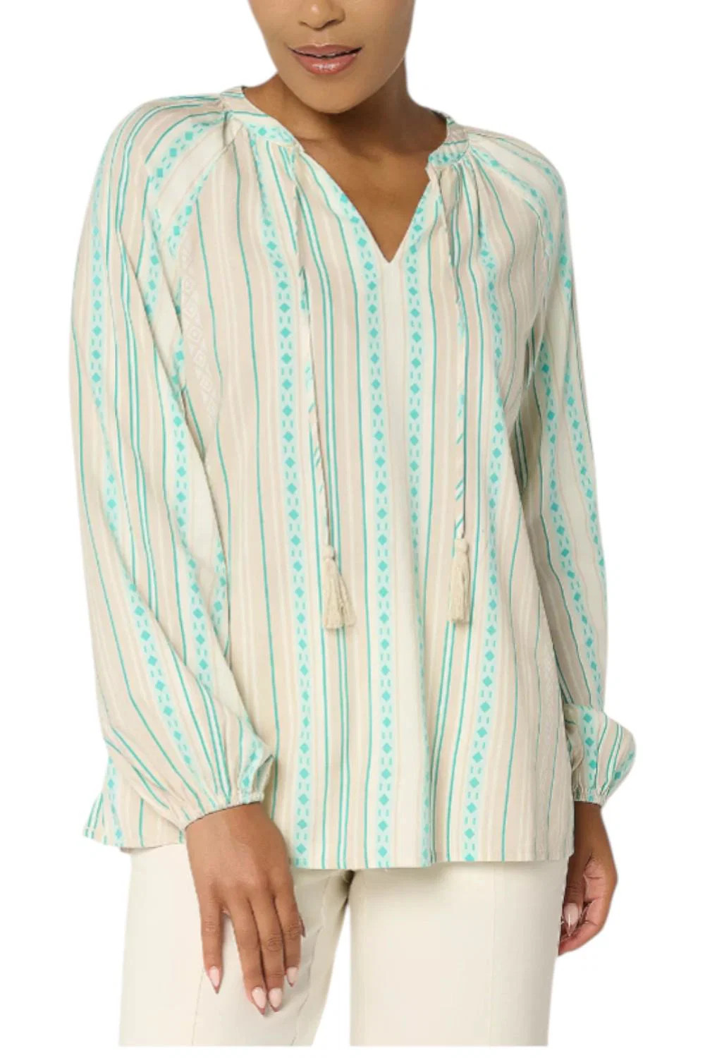 Belle by Kim Gravel Women’s Sunkissed Stripe Tassel Blouse Sand Bar