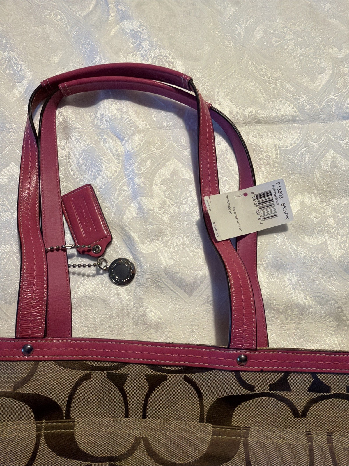 NWT Coach Signature Stripe Diaper Bag Tote Pink Khaki F13803